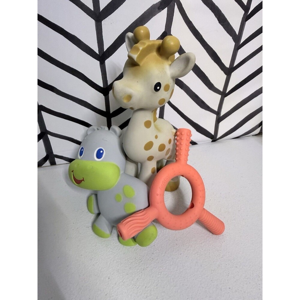 Nuby & Bright Stars Squeaky Giraffe & Hippo 3pc Teether Baby Toy Bundle 6052